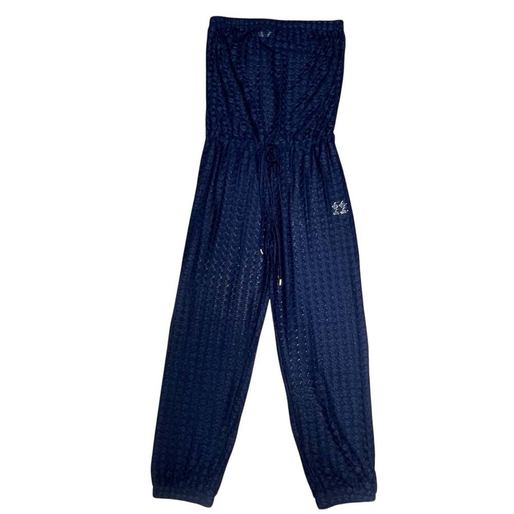 NWT $308 Melissa Odabash Stella CR Crochet Knit Jumpsuit Large Navy Blue Coverup